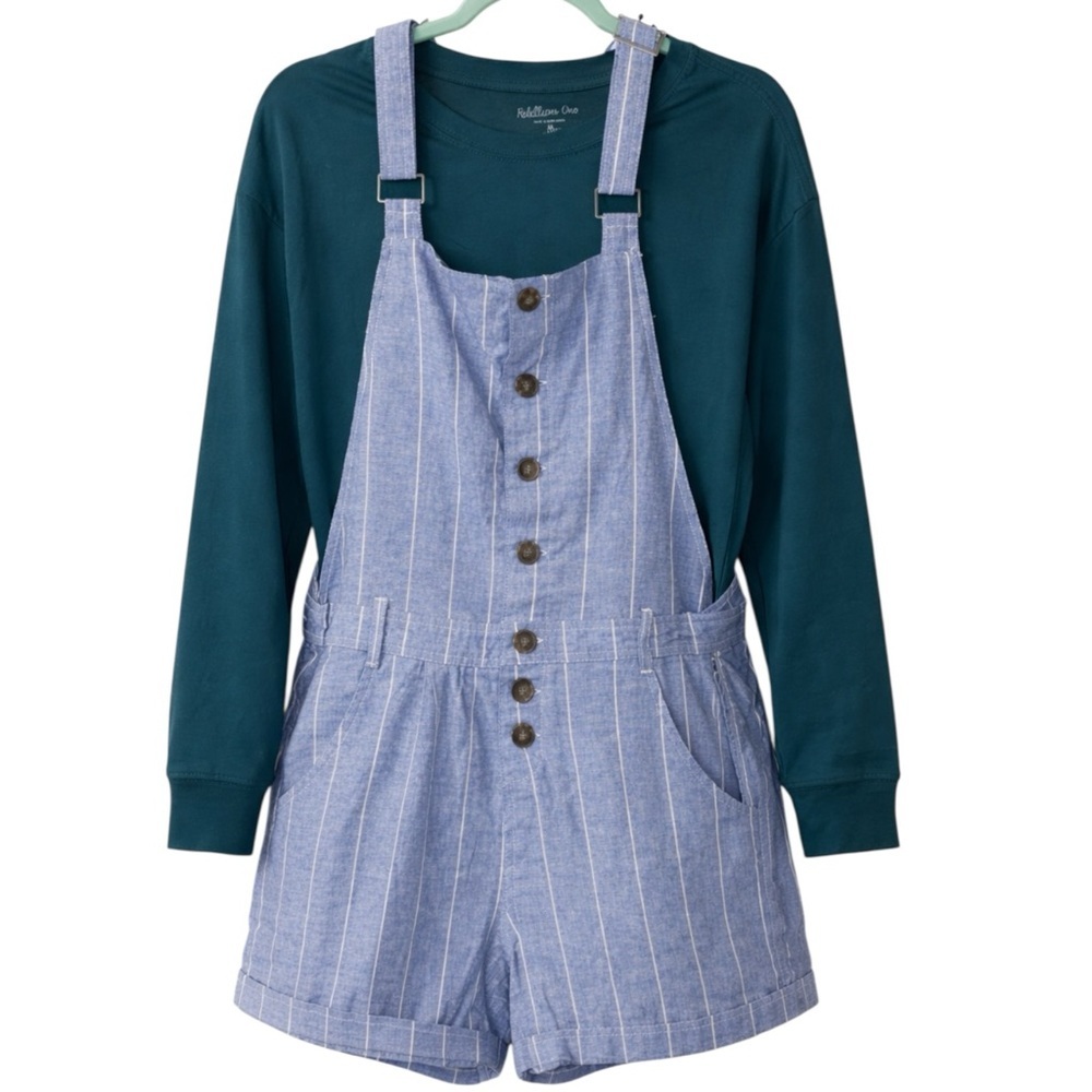 Indigo Rein Linen Blend Striped Denim Short Overalls Medium Blue M NWT